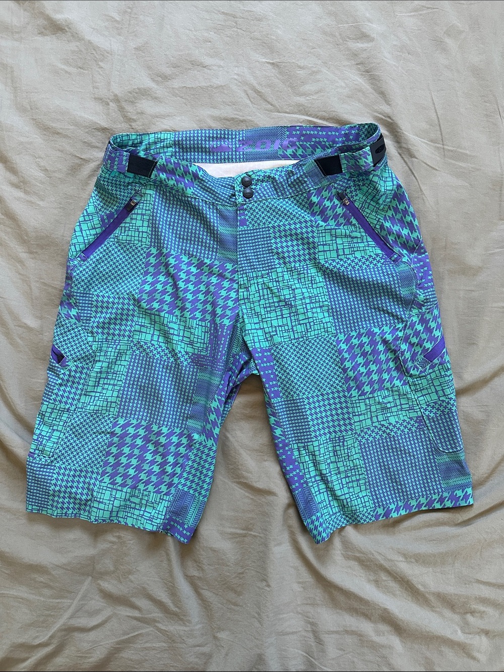 Zoic Teal & Purple Patchwork Pattern Mountain Bike Shorts